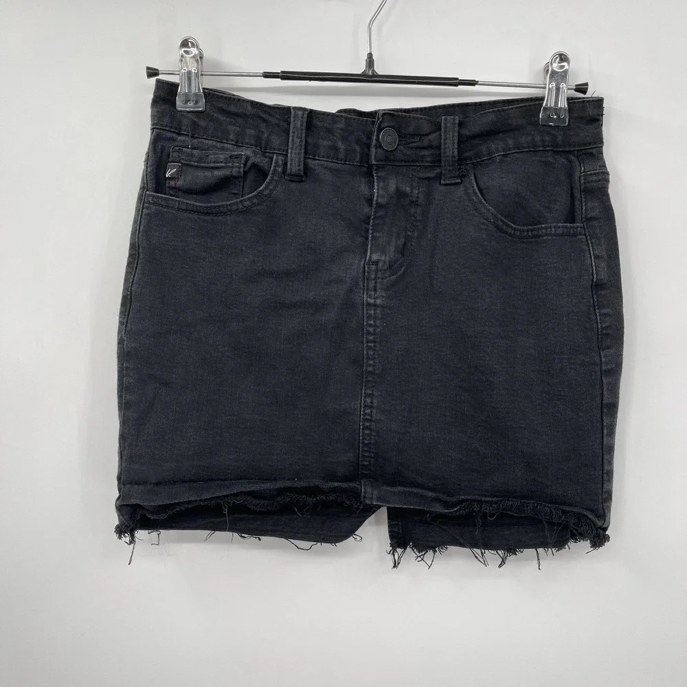 Kancan Jean Skirt Women S Black Denim Short Mini Raw Fray‎ Hem Stretch Med Wash